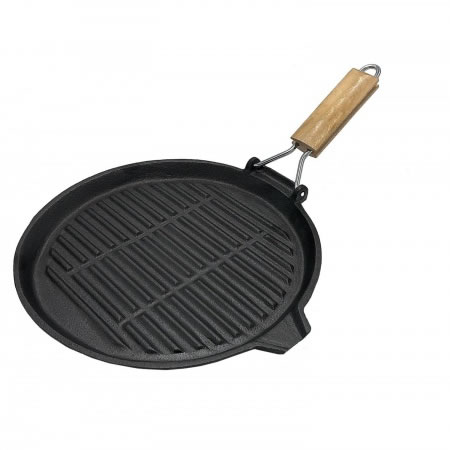 Cast Iron 24cm Round Grill Pan with Folding Wooden Handle